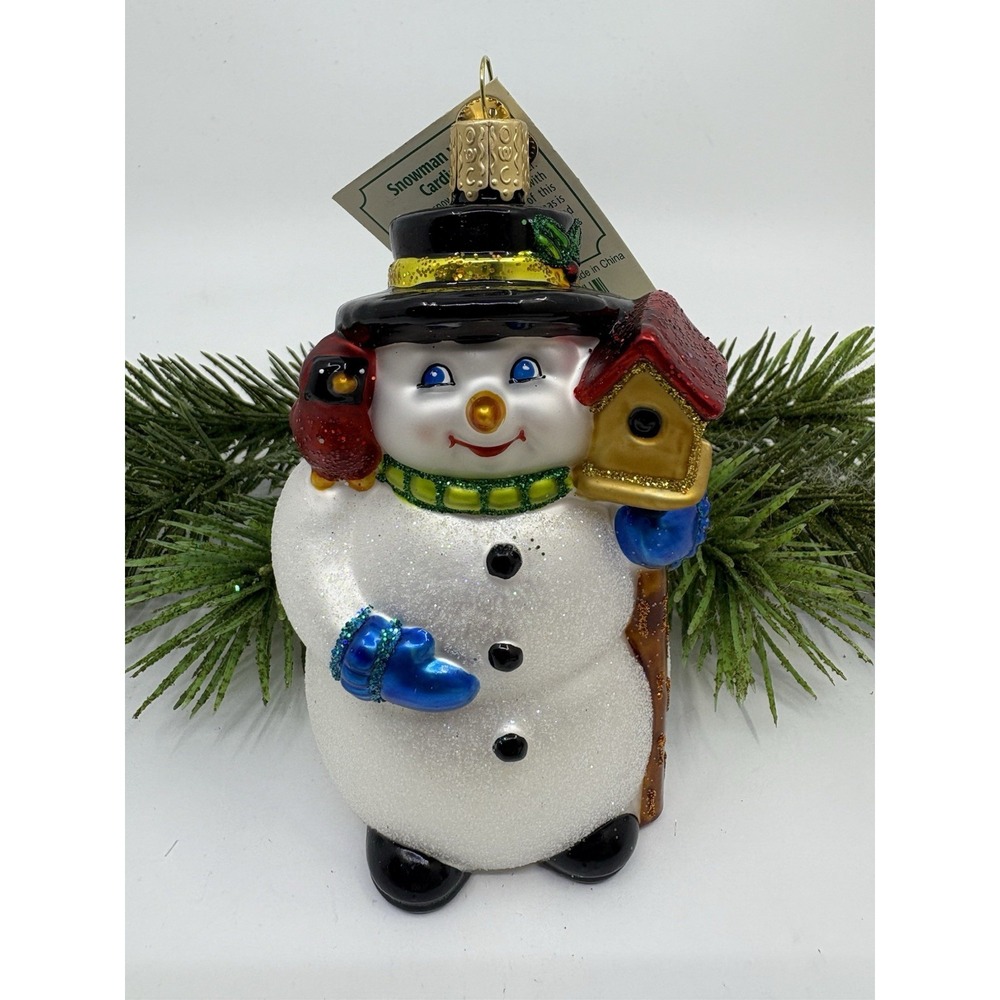 Old World Christmas Snowman With Cardinal Glass Ornament w Tags